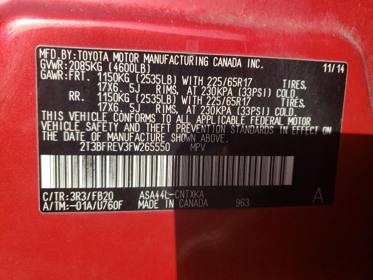 Photo 10 from auction – 2015 TOYOTA RAV4 LE with VIN 2T3BFREV3FW265550