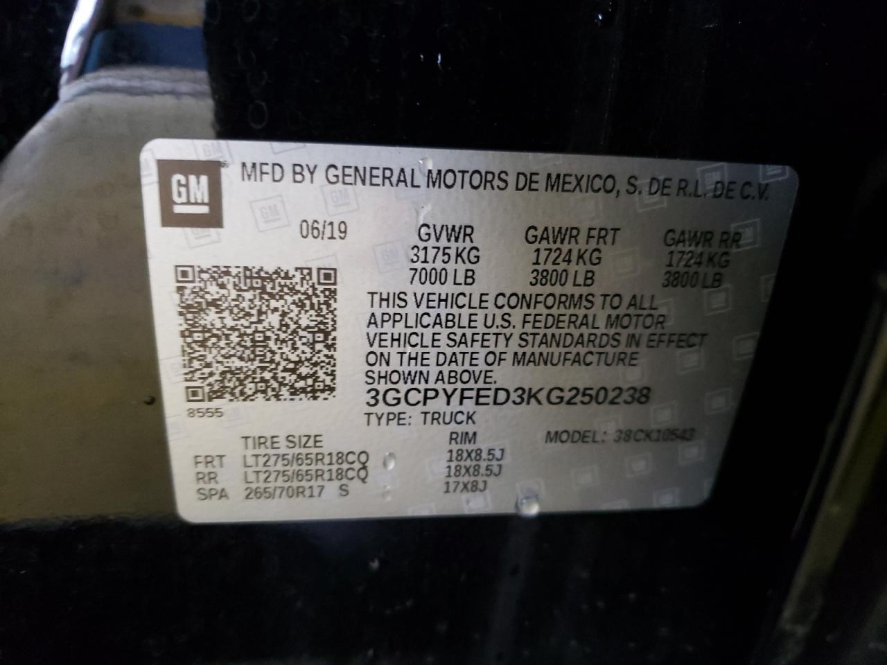 Photo 10 from auction – 2019 CHEVROLET SILVERADO with VIN 3GCPYFED3KG250238