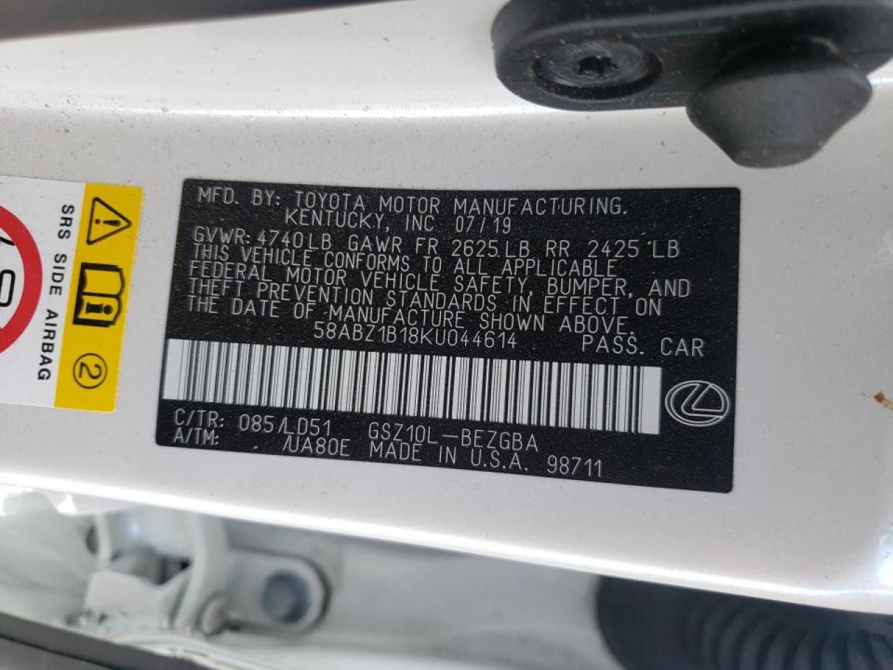 Photo 10 from auction – 2019 LEXUS ES 350 with VIN 58ABZ1B18KU044614