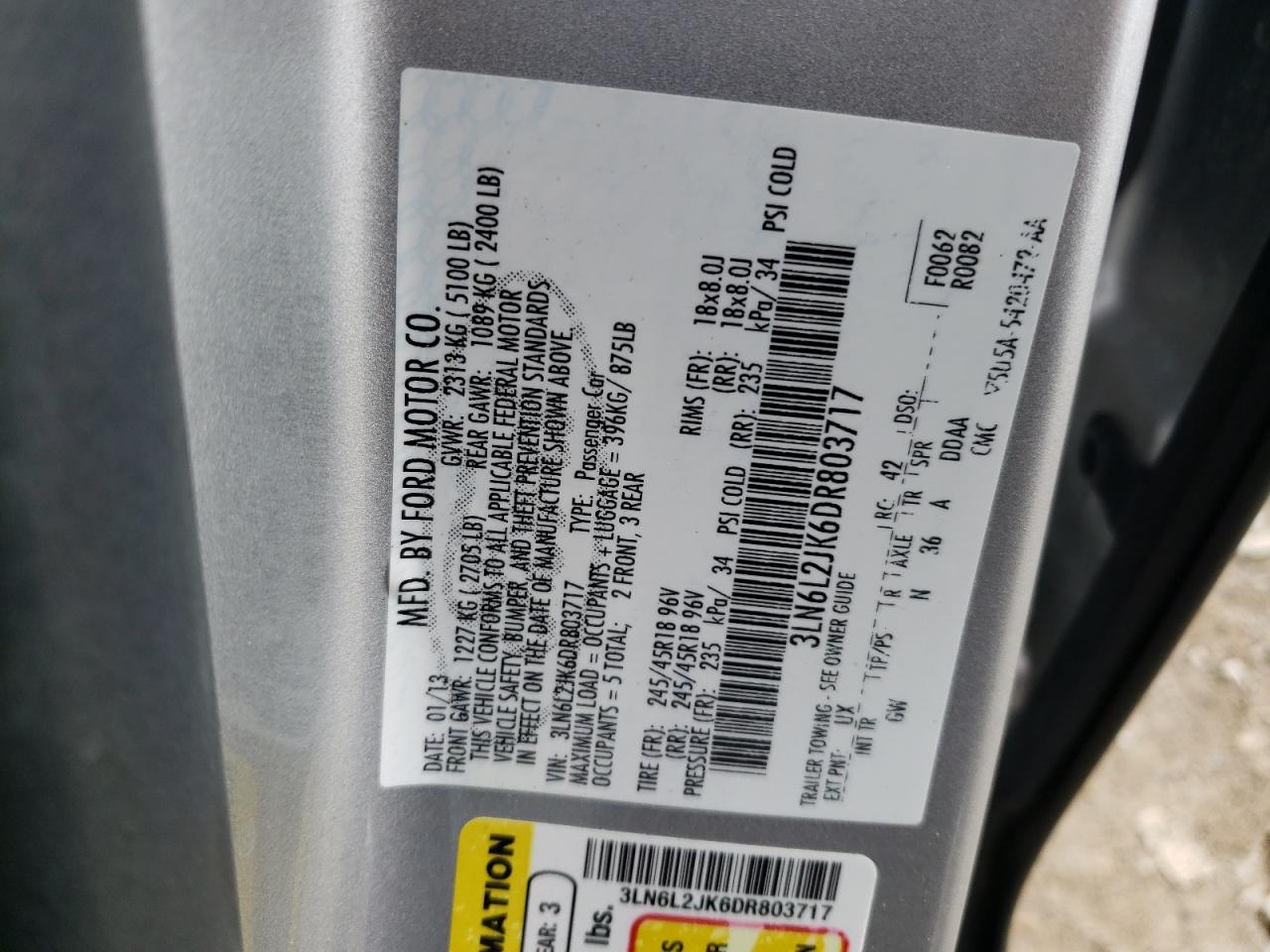Photo 10 from auction – 2013 LINCOLN MKZ with VIN 3LN6L2JK6DR803717