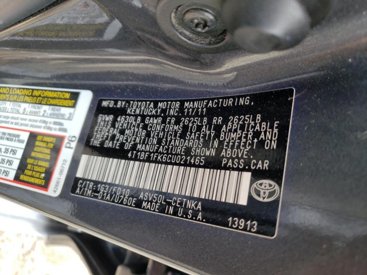 Photo 10 from auction – 2012 TOYOTA CAMRY BASE with VIN 4T1BF1FK6CU021465