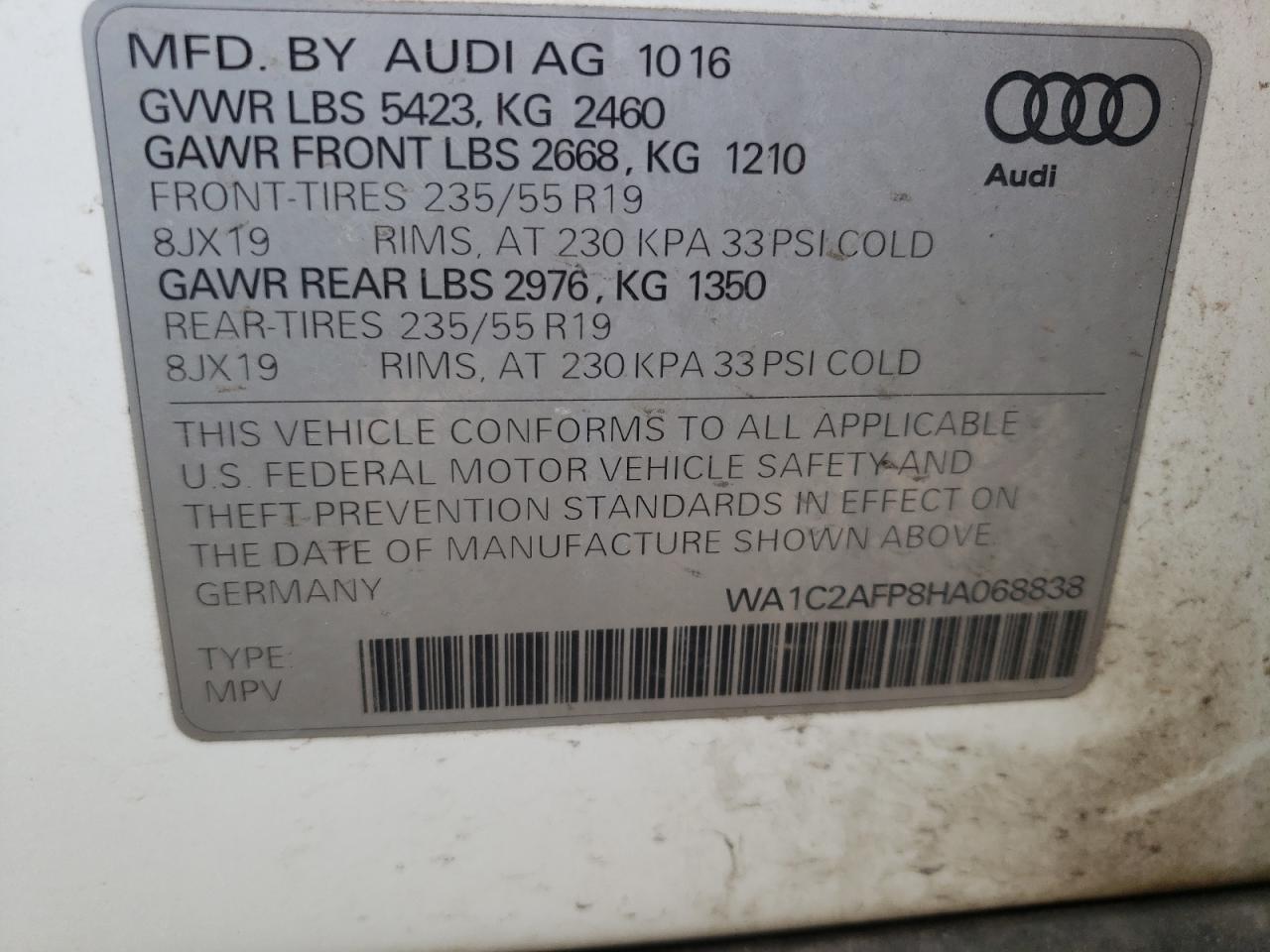 Photo 10 from auction – 2017 AUDI Q5 PREMIUM with VIN WA1C2AFP8HA068838