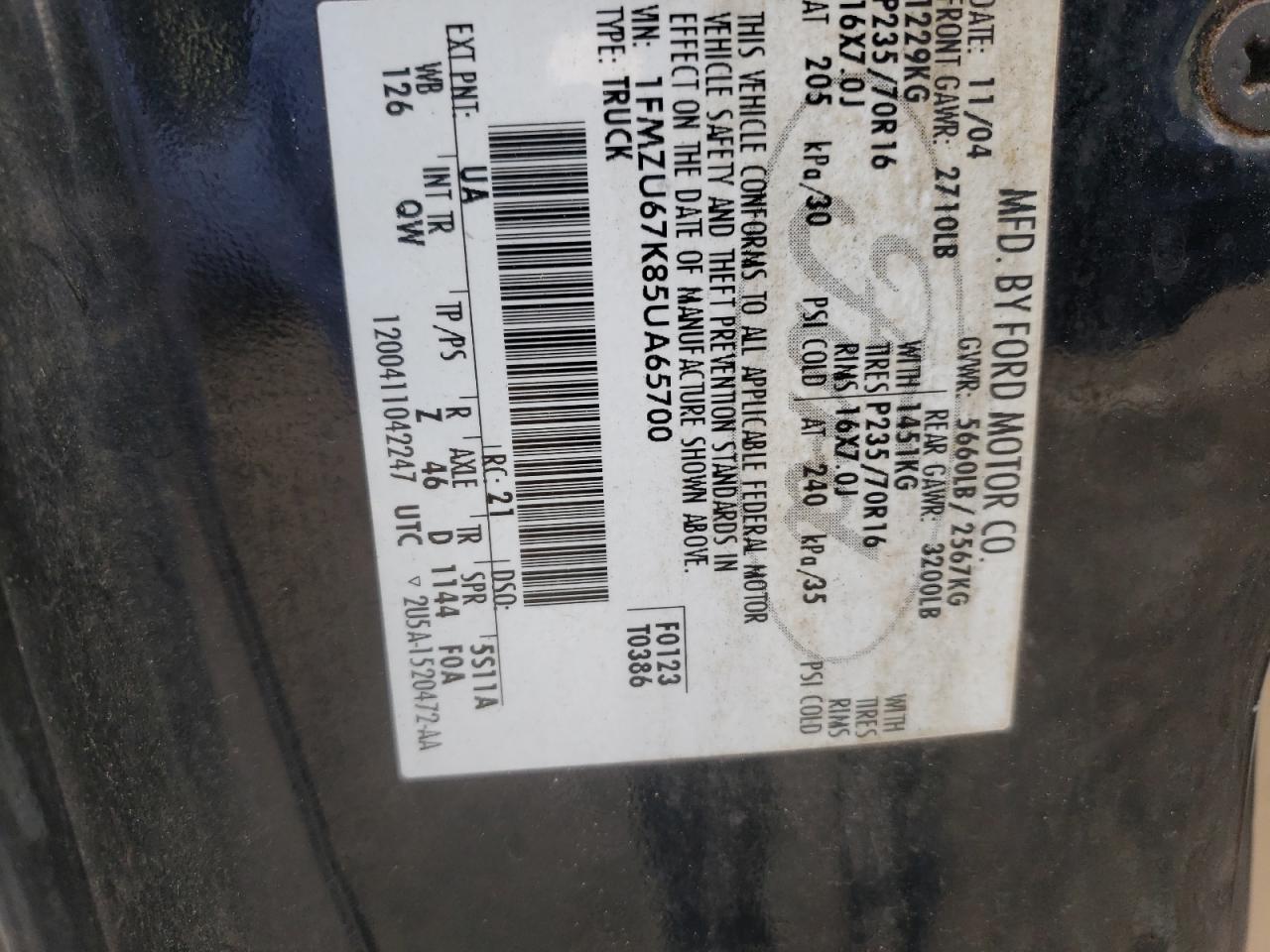 Photo 10 from auction – 2005 FORD EXPLORER S with VIN 1FMZU67K85UA65700