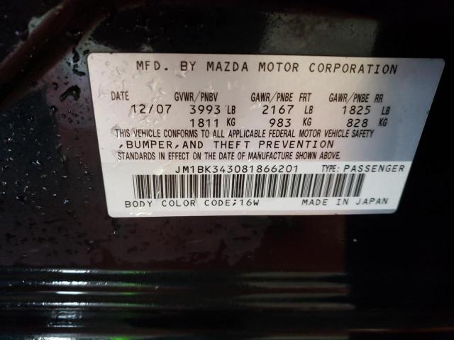 MAZDA 3 HATCHBAC 2008 with VIN JM1BK343081866201 - Photo from auction