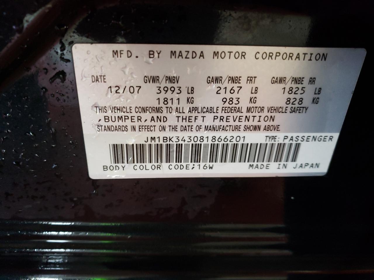 Photo 11 from auction – 2008 MAZDA 3 HATCHBAC with VIN JM1BK343081866201