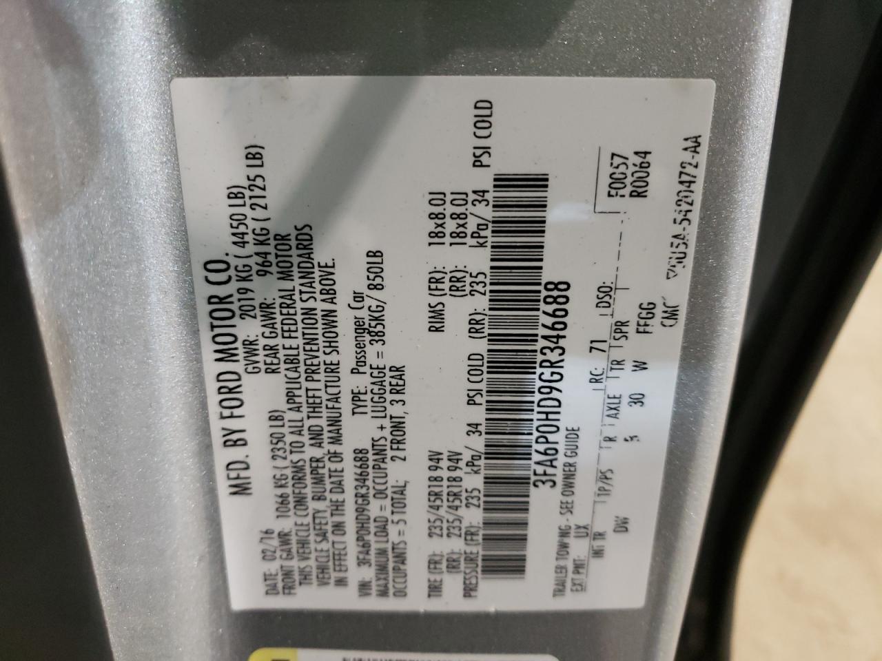 Photo 10 from auction – 2016 FORD FUSION SE with VIN 3FA6P0HD9GR346688