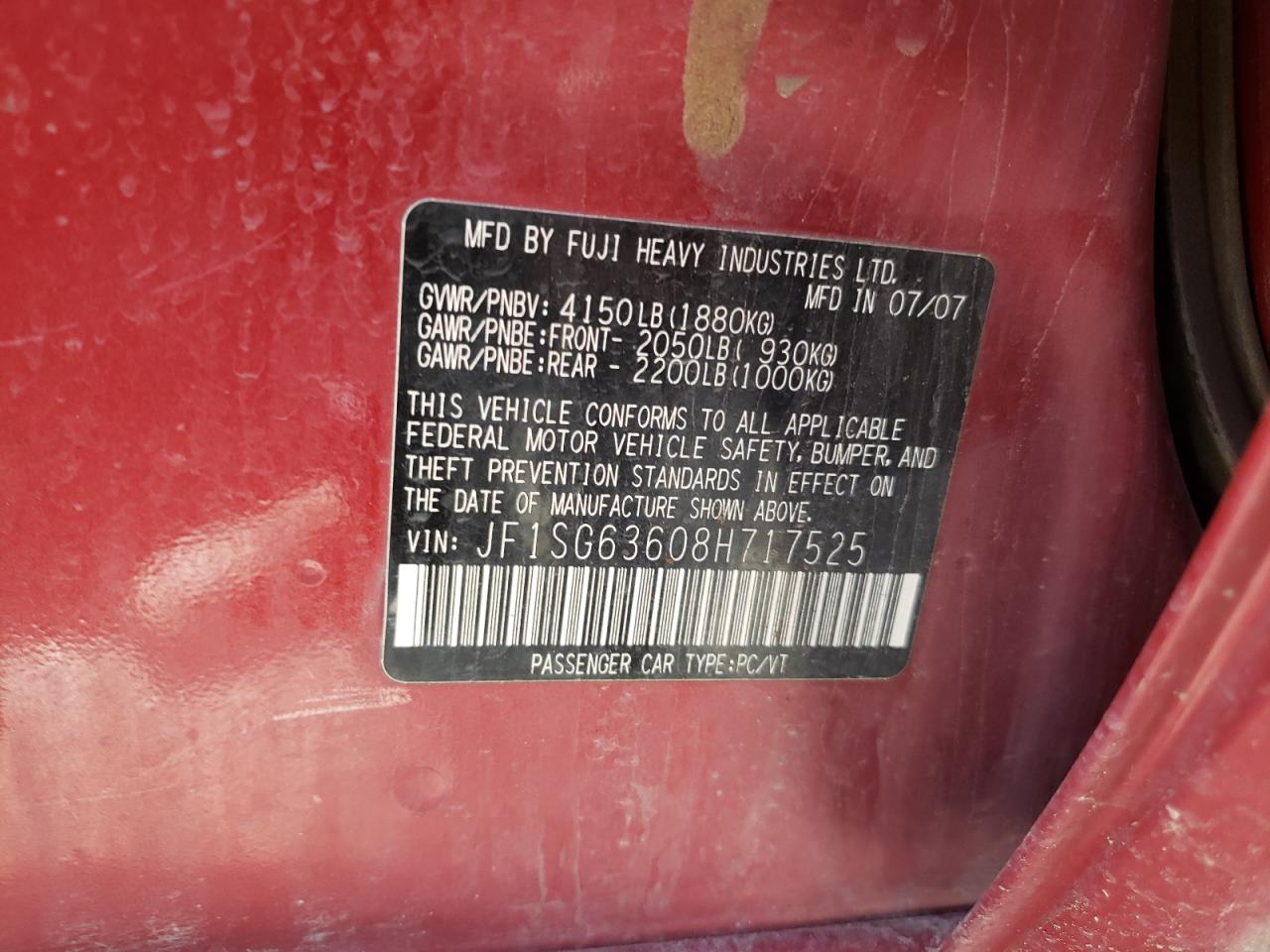 Photo 10 from auction – 2008 SUBARU FORESTER 2 with VIN JF1SG63608H717525