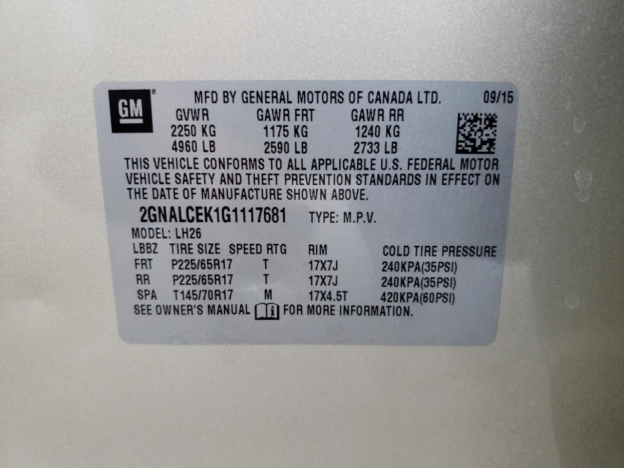 Photo 10 from auction – 2016 CHEVROLET EQUINOX LT with VIN 2GNALCEK1G1117681