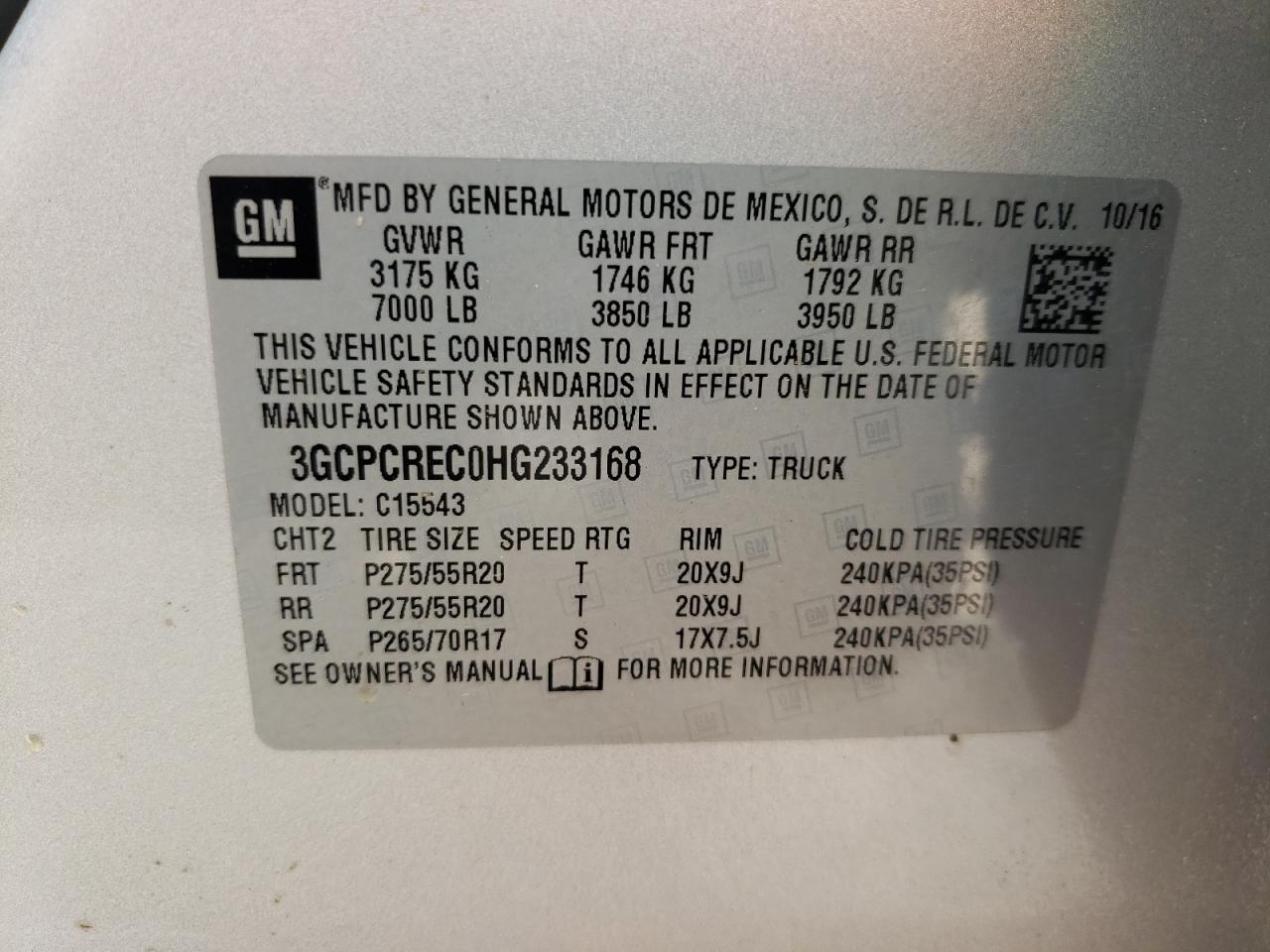 Photo 10 from auction – 2017 CHEVROLET SILVERADO with VIN 3GCPCREC0HG233168