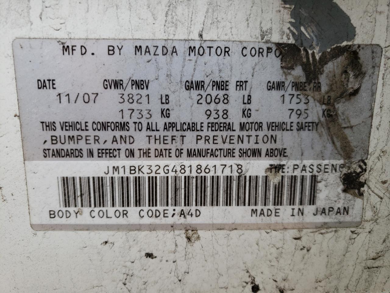 Zdjęcie 10 z aukcji – 2008 MAZDA 3 I z VIN JM1BK32G481861718