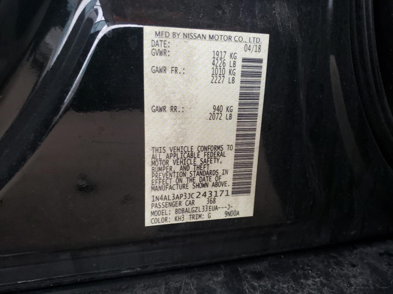 Photo 10 from auction – 2018 NISSAN ALTIMA 2.5 with VIN 1N4AL3AP3JC243171