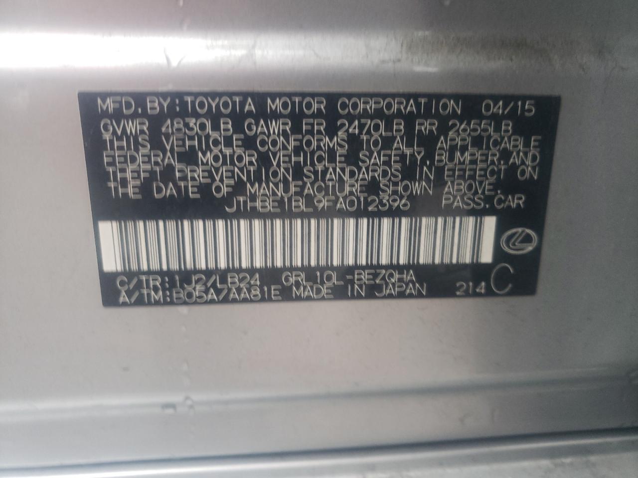 Photo 10 from auction – 2015 LEXUS GS 350 with VIN JTHBE1BL9FA012396