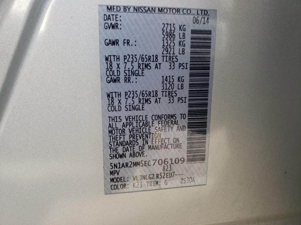 Photo 10 from auction – 2014 NISSAN PATHFINDER with VIN 5N1AR2MM5EC706109