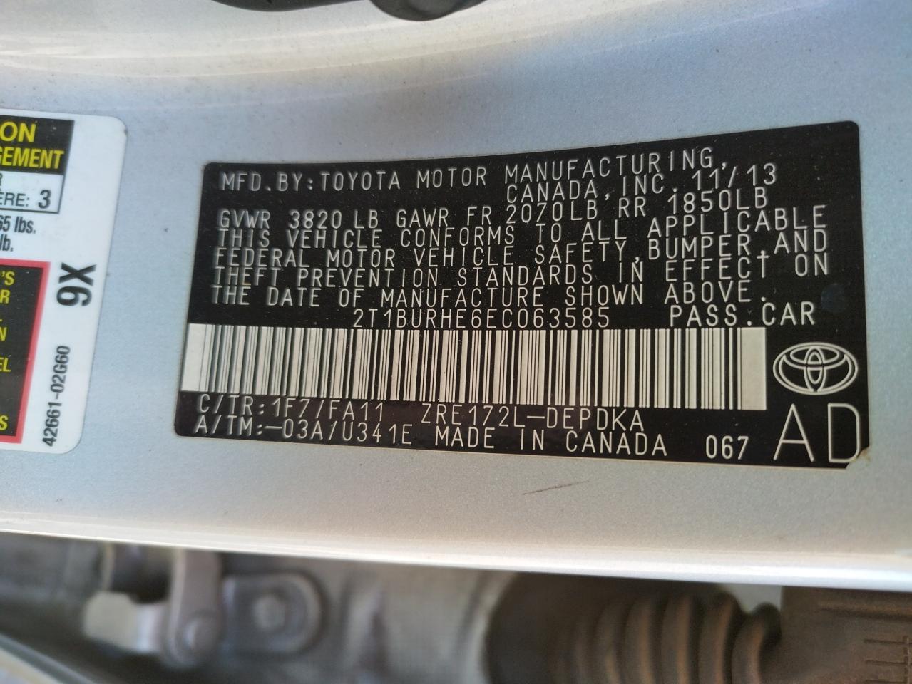Photo 10 from auction – 2014 TOYOTA COROLLA L with VIN 2T1BURHE6EC063585