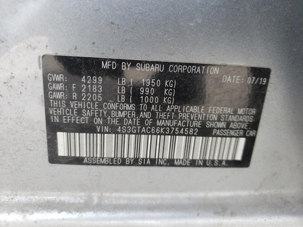 Photo 10 from auction – 2019 SUBARU IMPREZA PR with VIN 4S3GTAC66K3754582