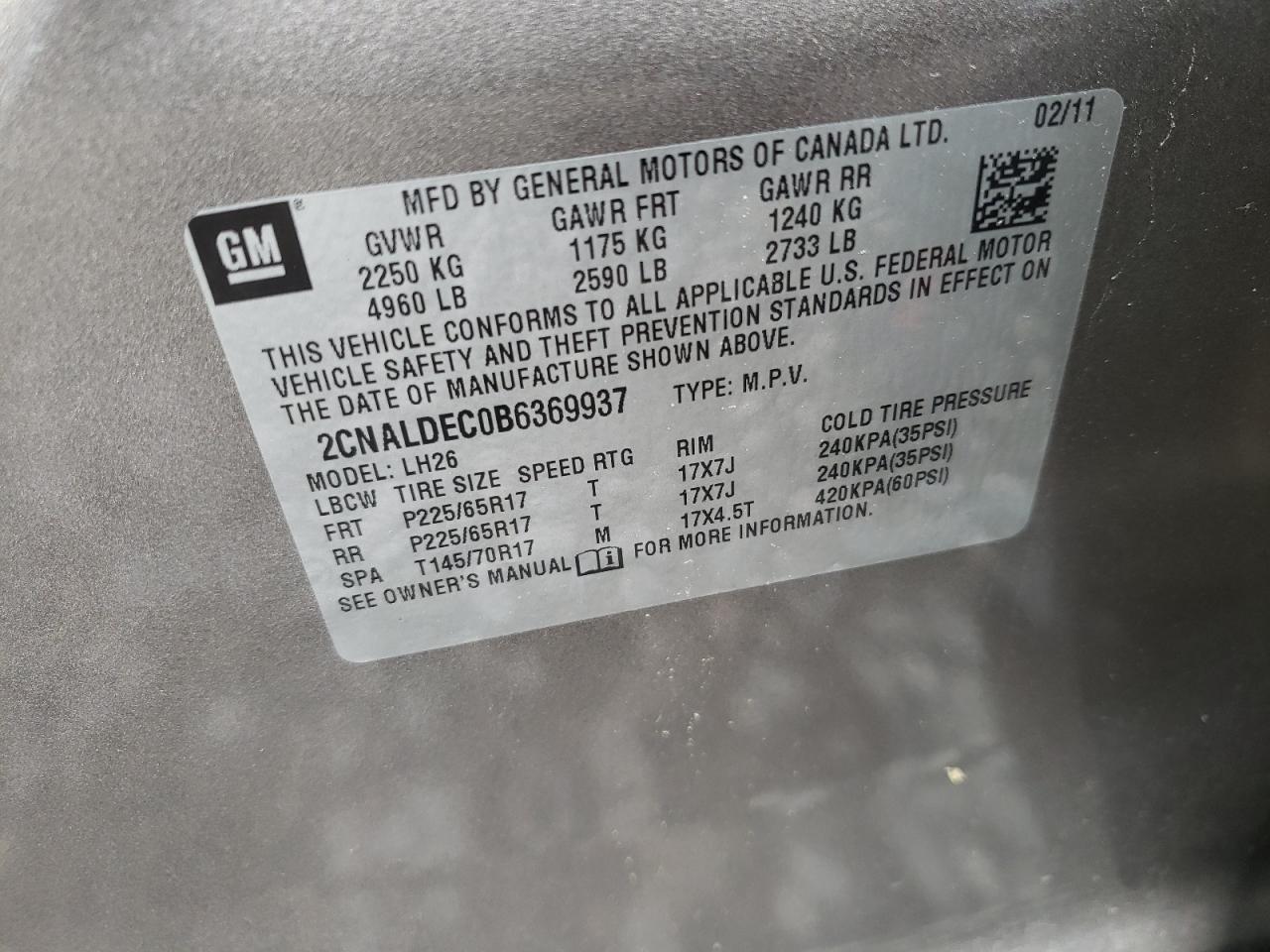 صورة رقم 10 من المزاد - 2011 CHEVROLET EQUINOX LT مع VIN 2CNALDEC0B6369937