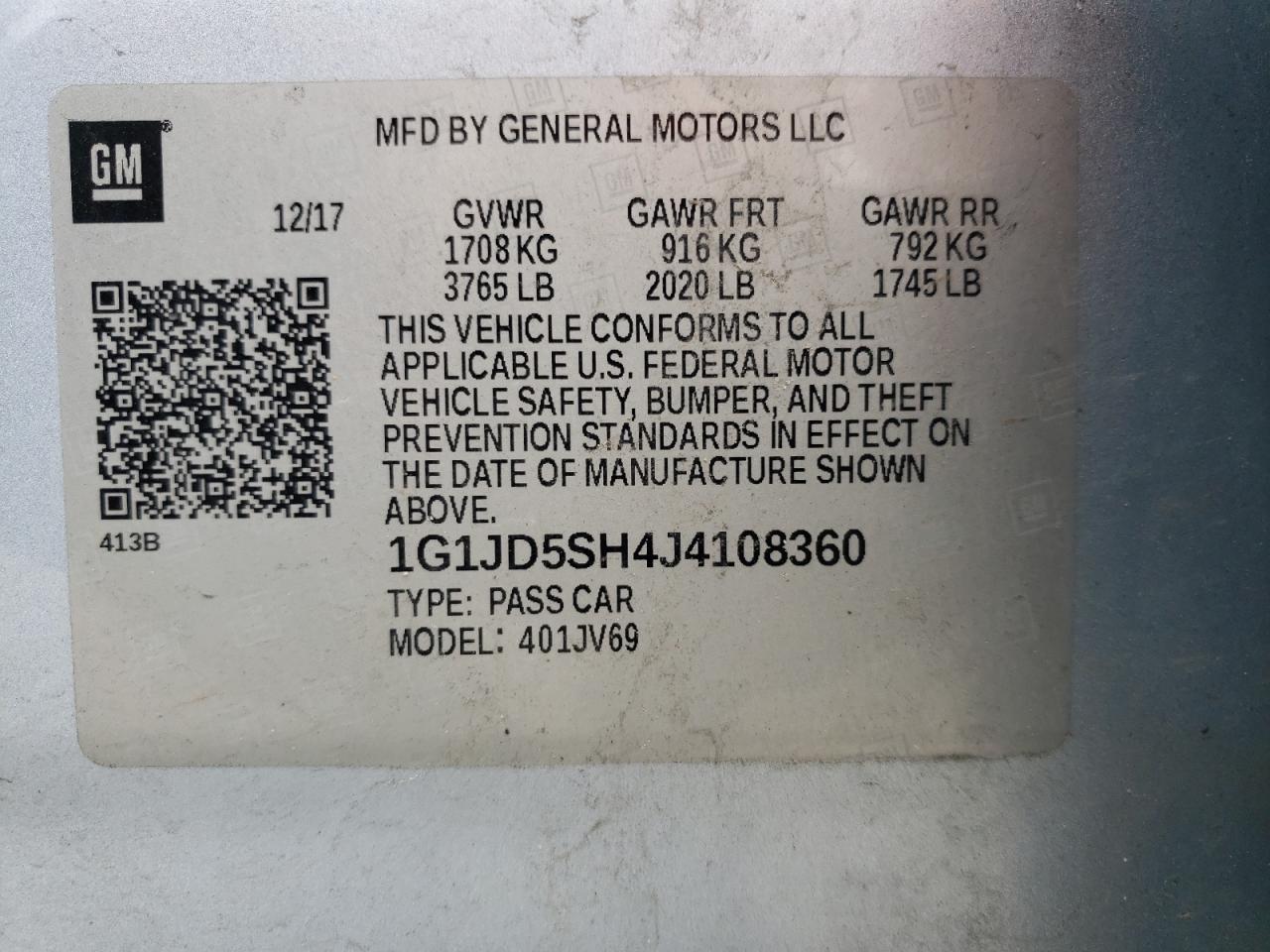 Photo 10 from auction – 2018 CHEVROLET SONIC LT with VIN 1G1JD5SH4J4108360