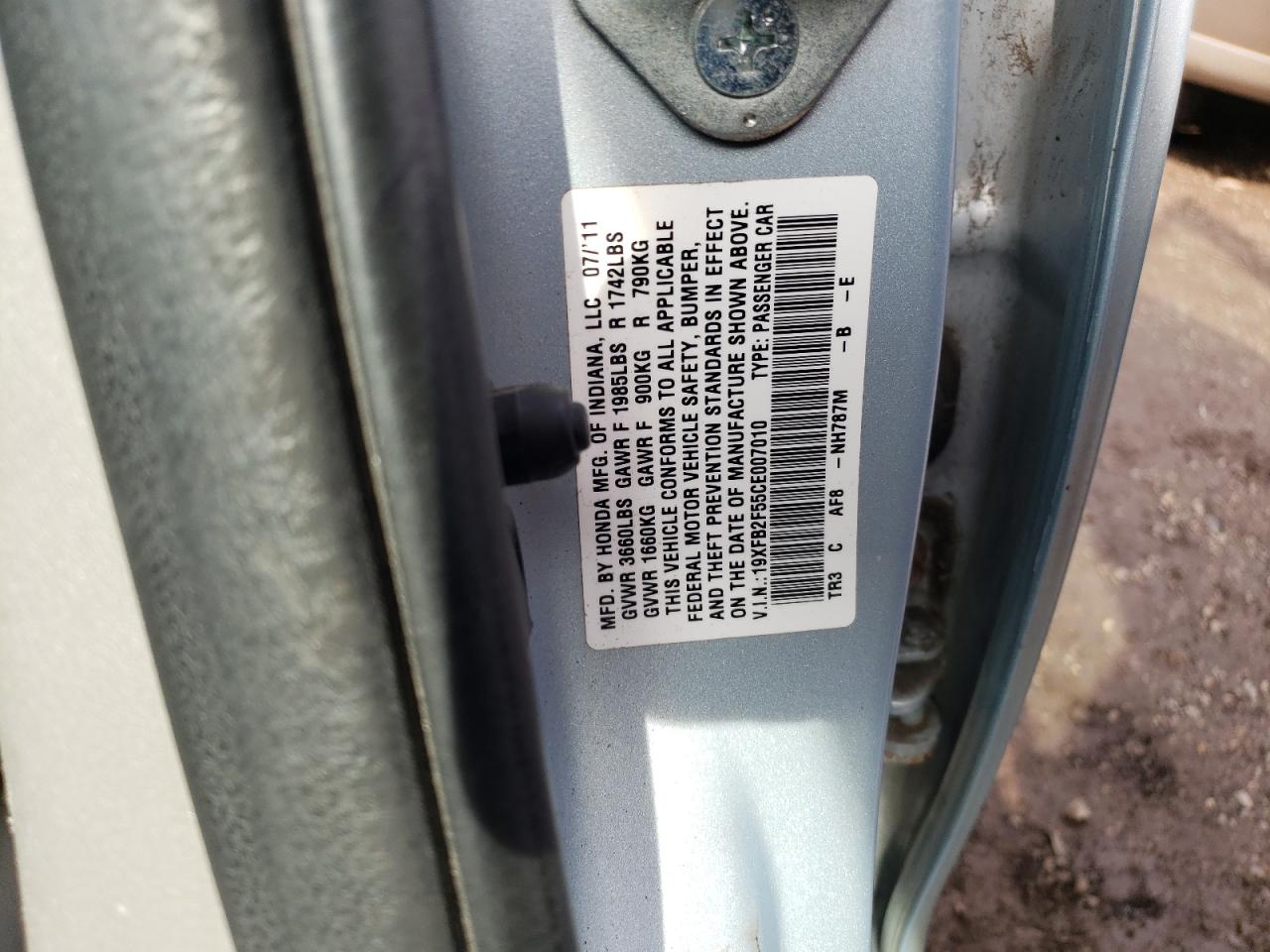 Photo 10 from auction – 2012 HONDA CIVIC LX with VIN 19XFB2F55CE007010