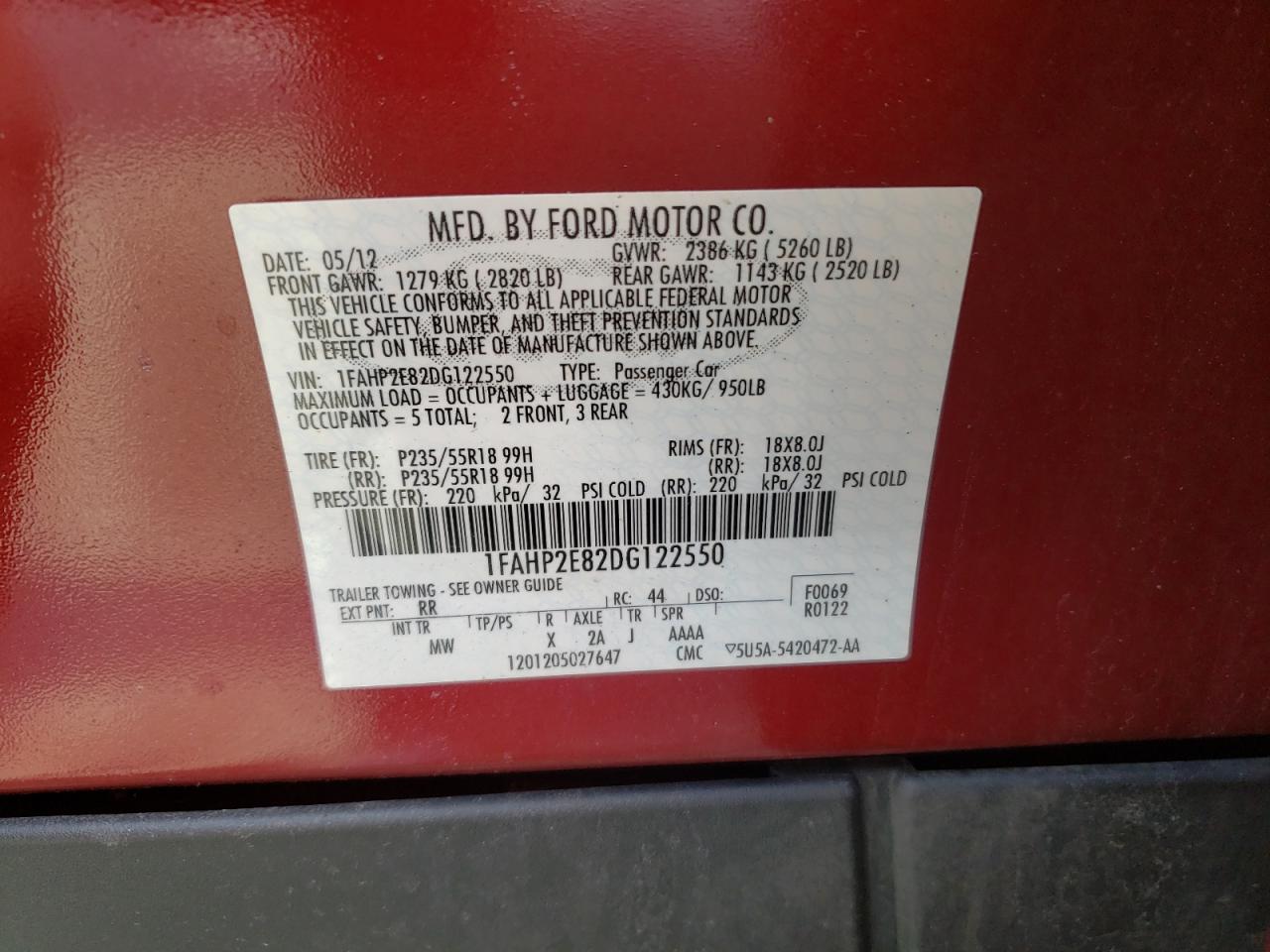 Photo 10 from auction – 2013 FORD TAURUS SEL with VIN 1FAHP2E82DG122550