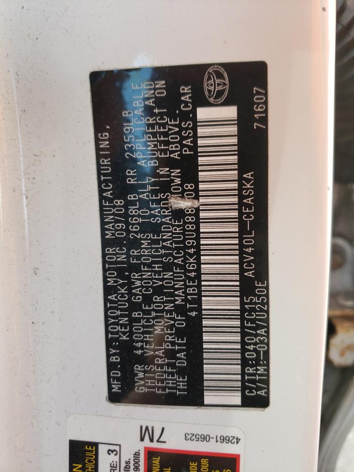 Photo 10 from auction – 2009 TOYOTA CAMRY BASE with VIN 4T1BE46K49U888408