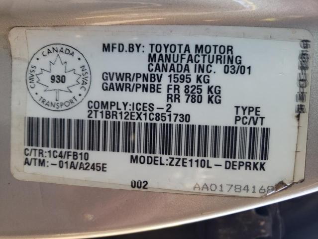 Photo 10 from auction – 2001 TOYOTA COROLLA CE with VIN 2T1BR12EX1C851730