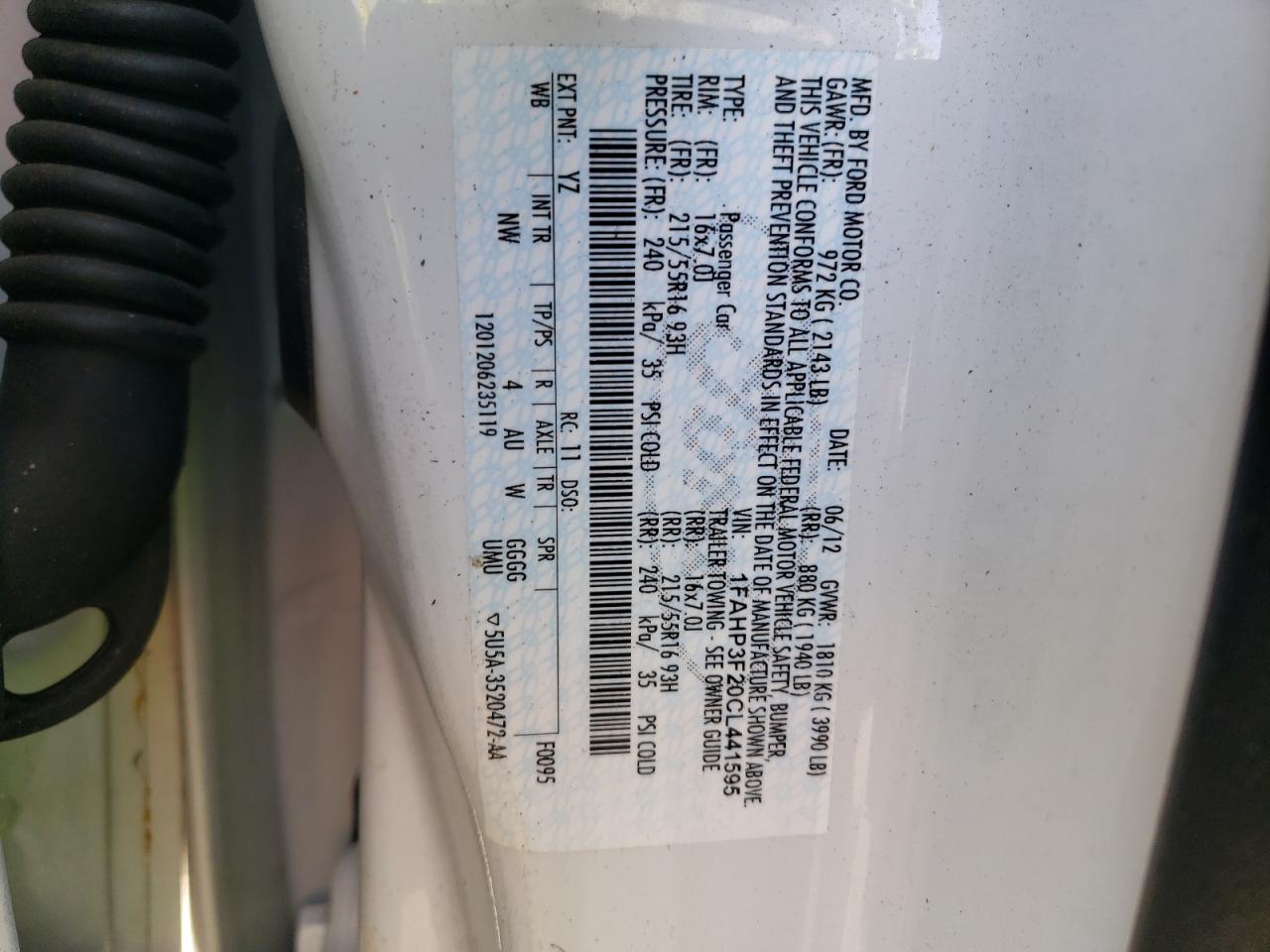 Photo 10 from auction – 2012 FORD FOCUS SE with VIN 1FAHP3F20CL441595