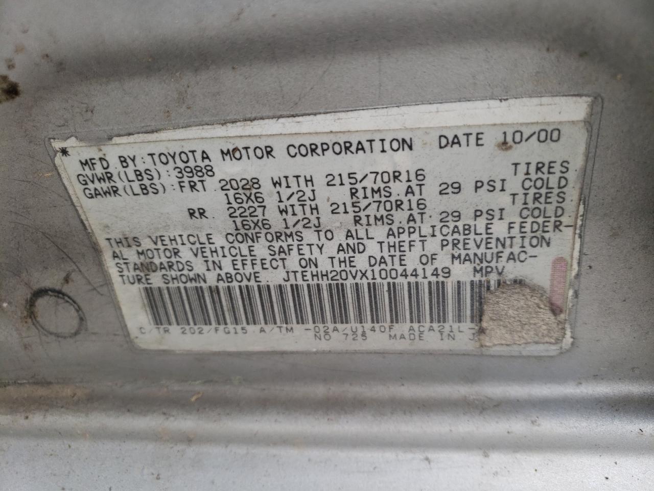 Photo 10 from auction – 2001 TOYOTA RAV4 with VIN JTEHH20VX10044149
