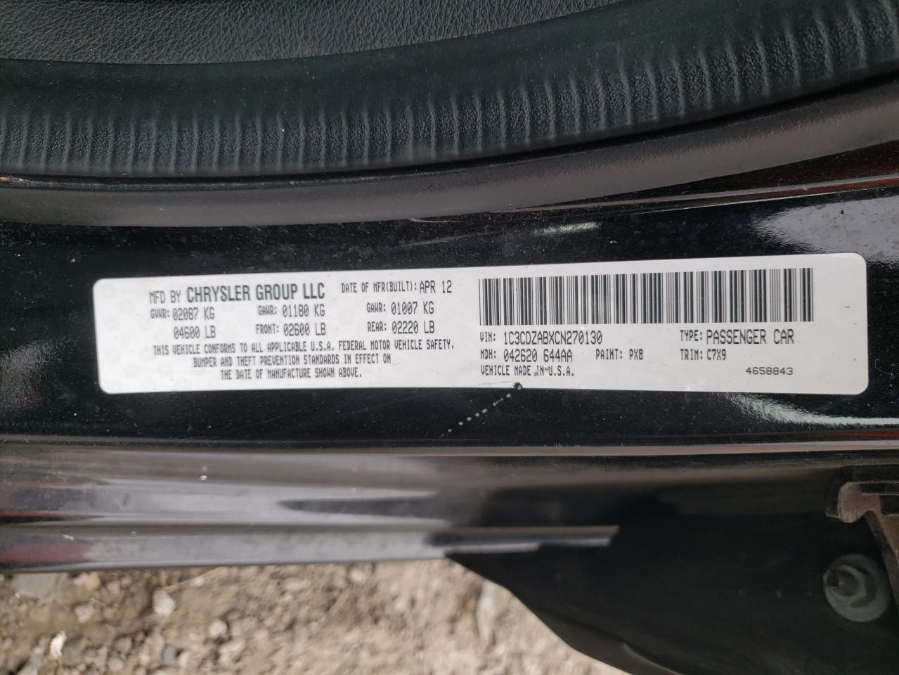 Photo 10 from auction – 2012 DODGE AVENGER SE with VIN 1C3CDZABXCN270130