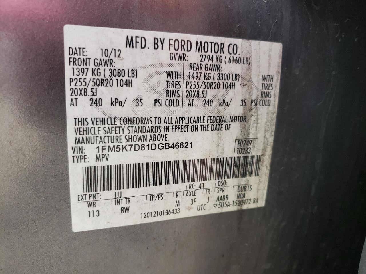 Photo 10 from auction – 2013 FORD EXPLORER X with VIN 1FM5K7D81DGB46621