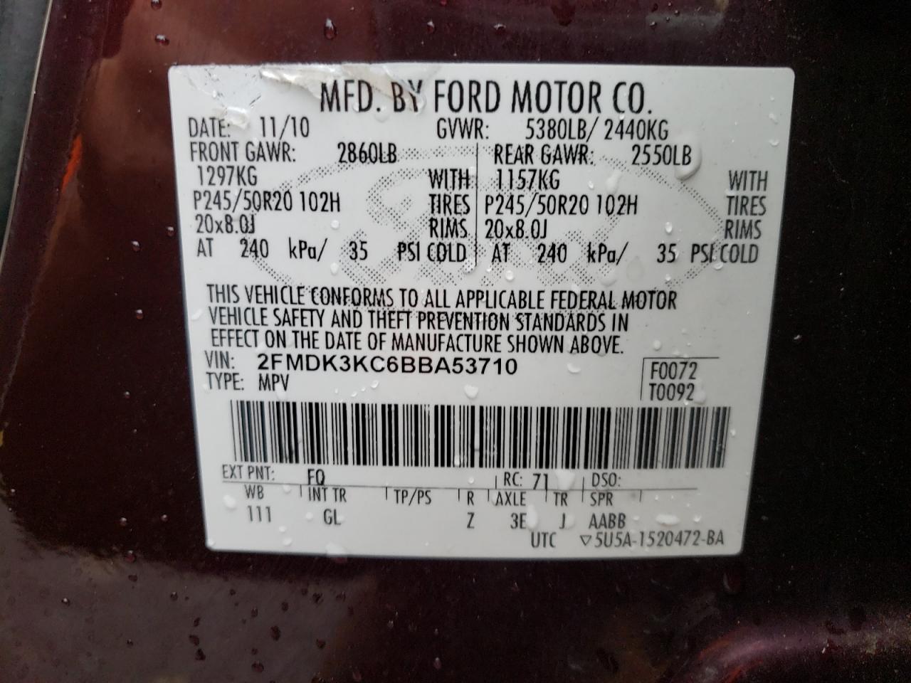 Photo 10 from auction – 2011 FORD EDGE LIMIT with VIN 2FMDK3KC6BBA53710