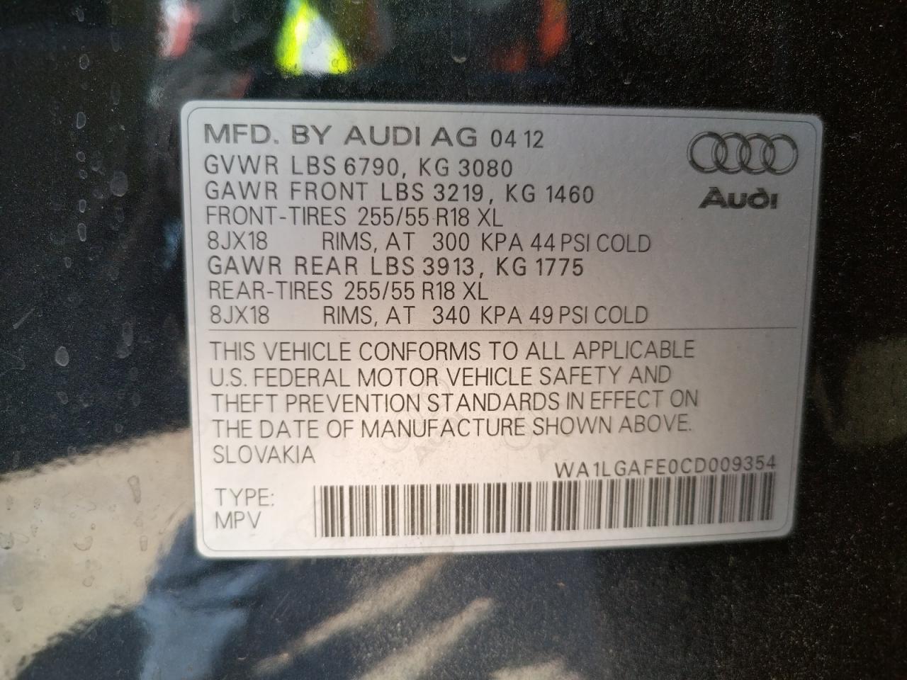 Photo 10 from auction – 2012 AUDI Q7 PREMIUM with VIN WA1LGAFE0CD009354