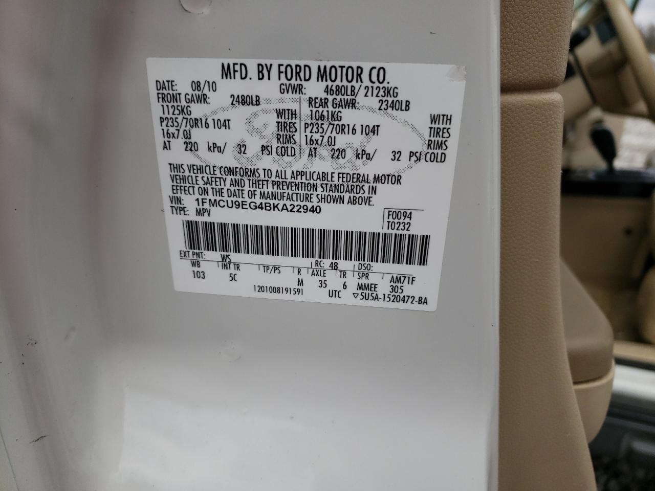 Photo 10 from auction – 2011 FORD ESCAPE LIM with VIN 1FMCU9EG4BKA22940