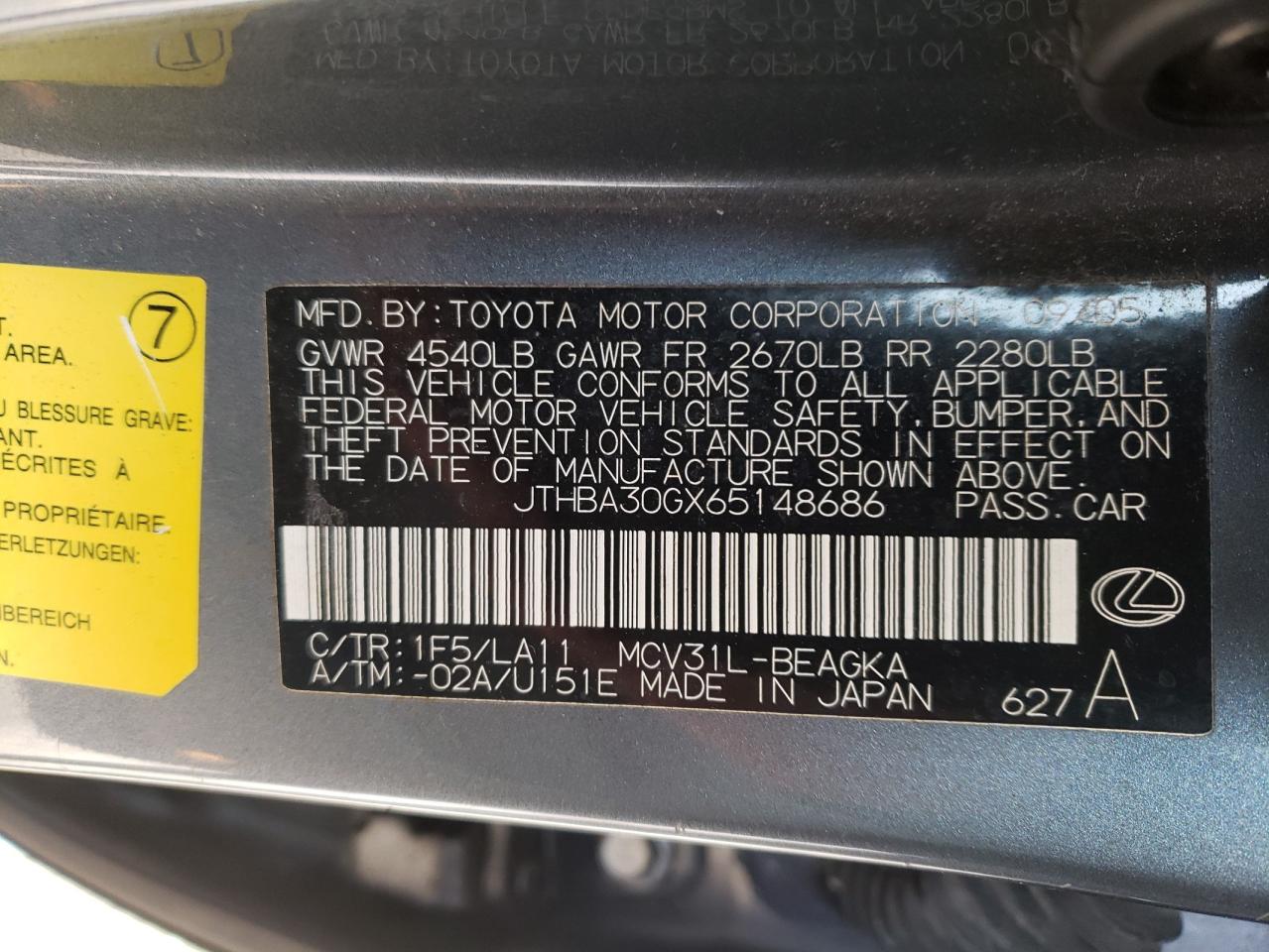 Photo 10 from auction – 2006 LEXUS ES 330 with VIN JTHBA30GX65148686