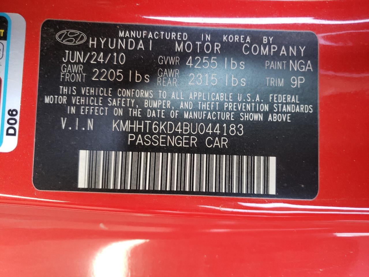 Photo 10 from auction – 2011 HYUNDAI GENESIS CO with VIN KMHHT6KD4BU044183
