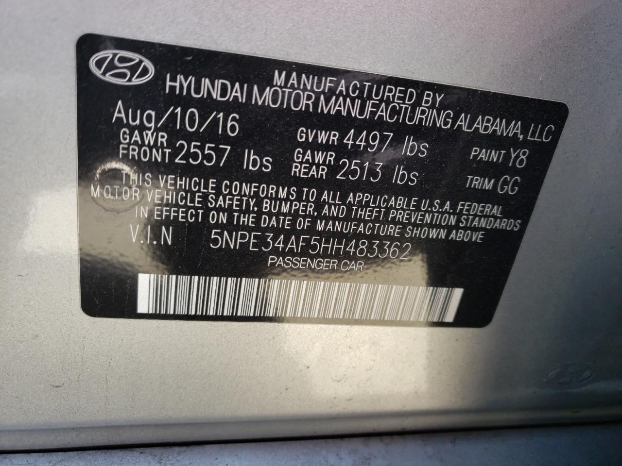 Photo 10 from auction – 2017 HYUNDAI SONATA SPO with VIN 5NPE34AF5HH483362