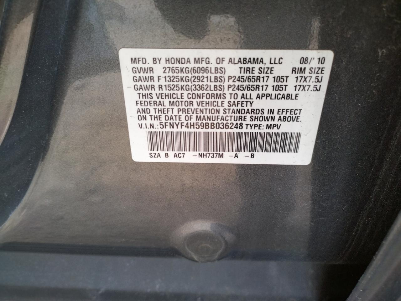 Photo 10 from auction – 2011 HONDA PILOT EXL with VIN 5FNYF4H59BB036248
