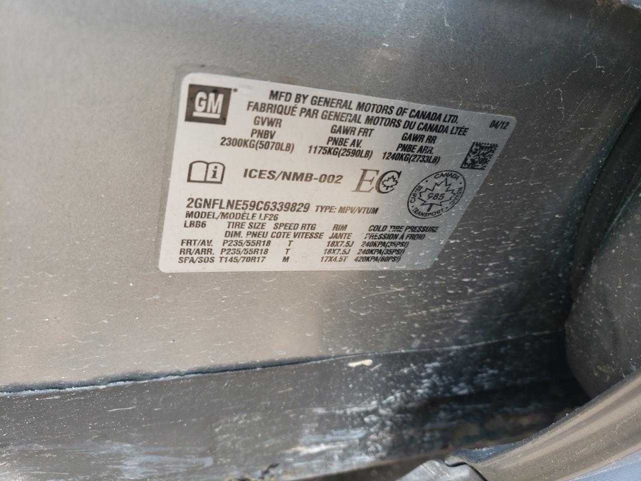 Photo 10 from auction – 2012 CHEVROLET EQUINOX LT with VIN 2GNFLNE59C6339829