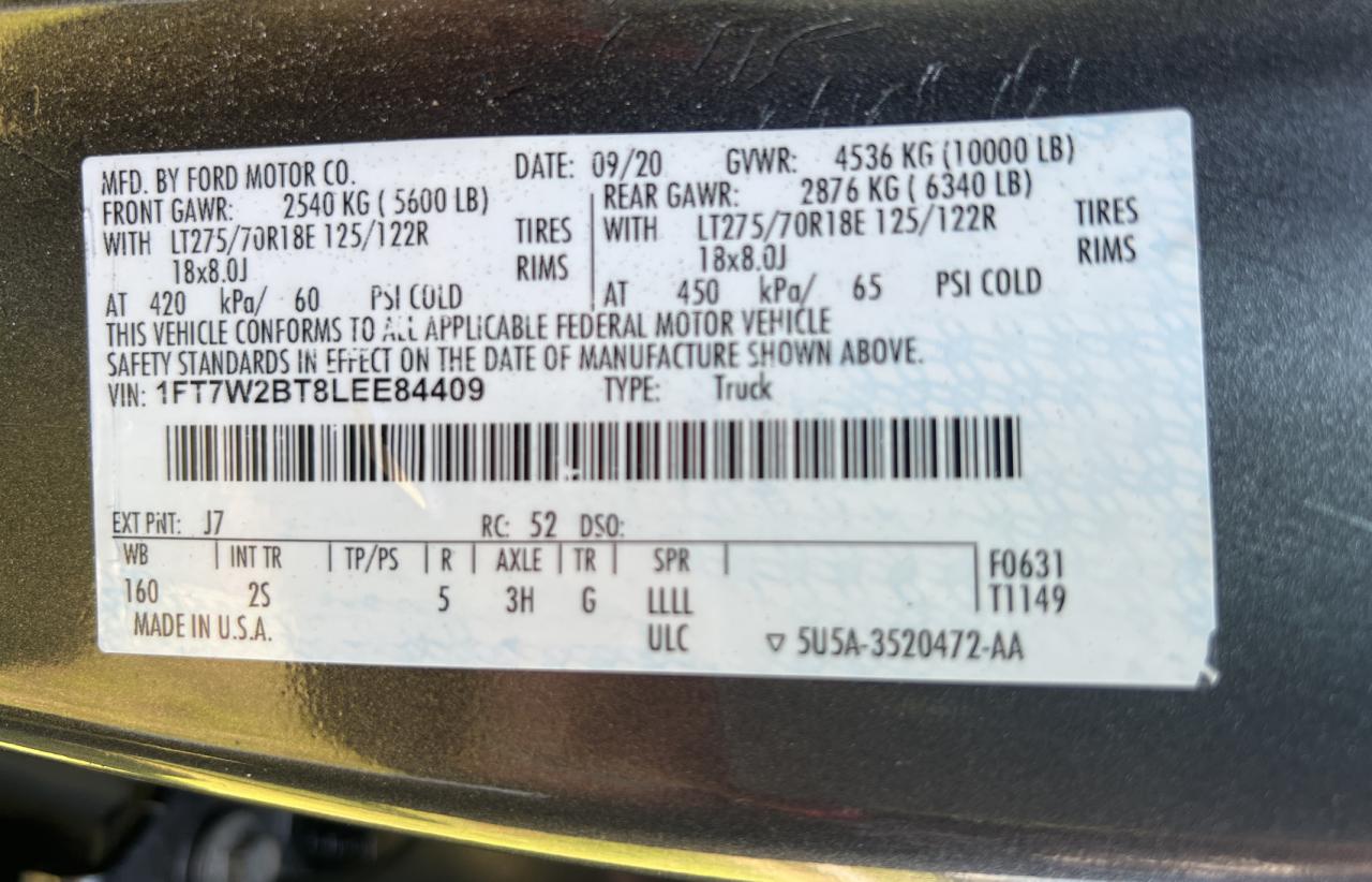 Photo 10 from auction – 2020 FORD F250 SUPER with VIN 1FT7W2BT8LEE84409