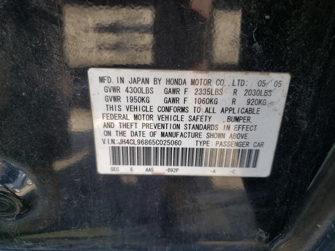 Photo 10 from auction – 2005 ACURA TSX with VIN JH4CL96865C025060