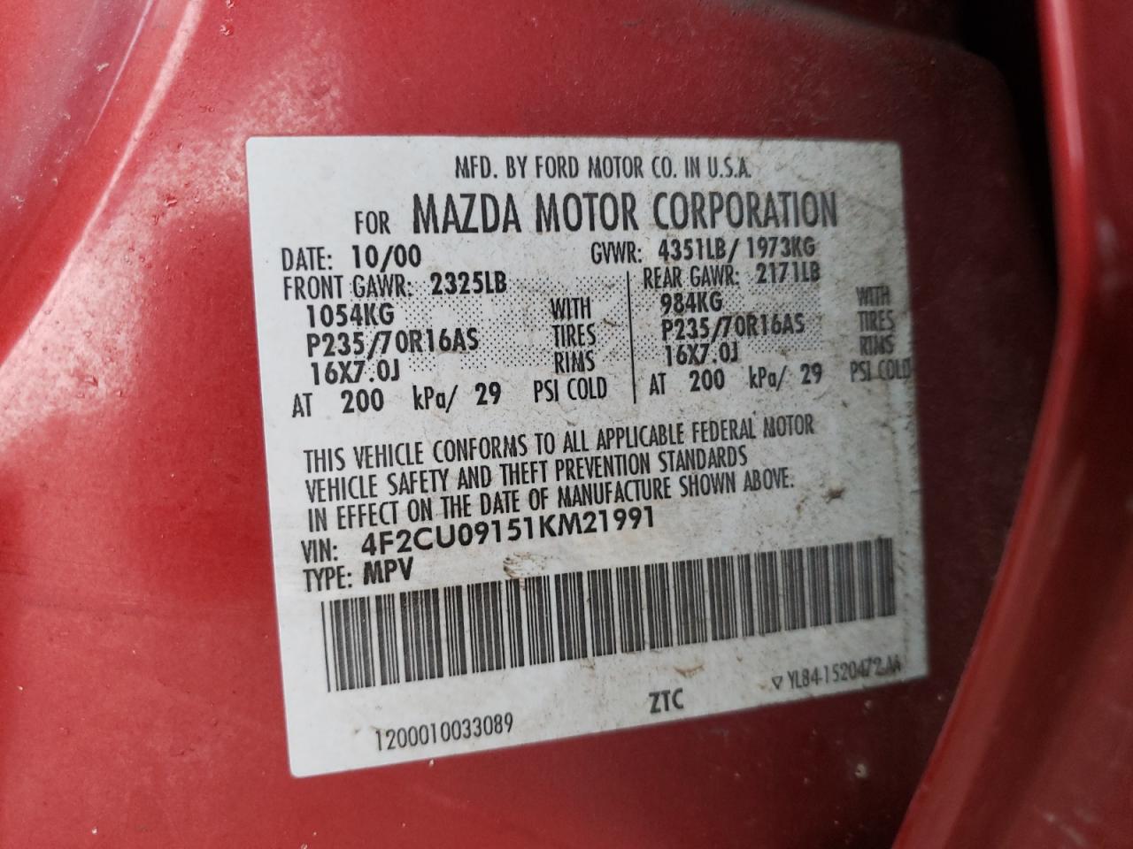 Photo 10 from auction – 2001 MAZDA TRIBUTE LX with VIN 4F2CU09151KM21991