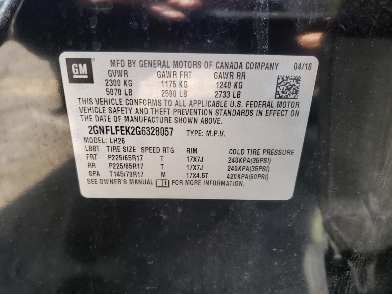 Photo 10 from auction – 2016 CHEVROLET EQUINOX LT with VIN 2GNFLFEK2G6328057