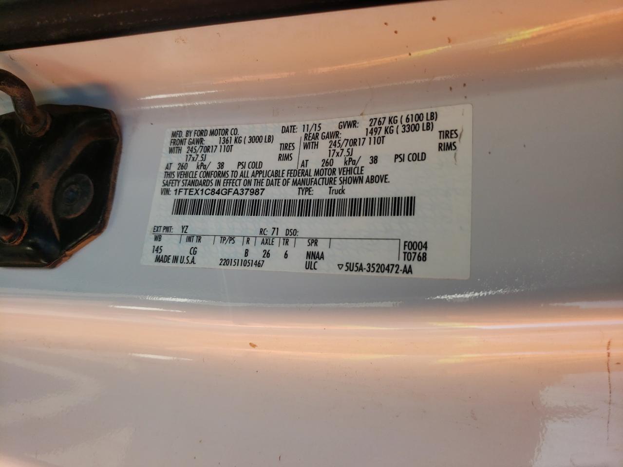 Photo 10 from auction – 2016 FORD F150 SUPER with VIN 1FTEX1C84GFA37987