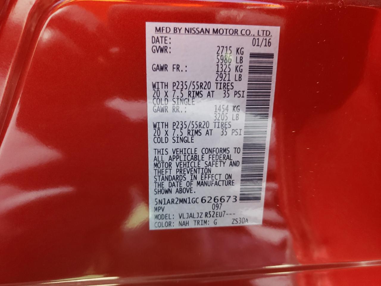 Photo 10 from auction – 2016 NISSAN PATHFINDER with VIN 5N1AR2MN1GC626673