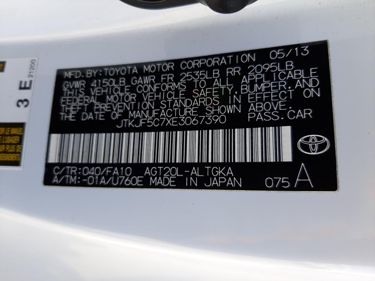Photo 10 from auction – 2014 TOYOTA SCION TC with VIN JTKJF5C7XE3067390