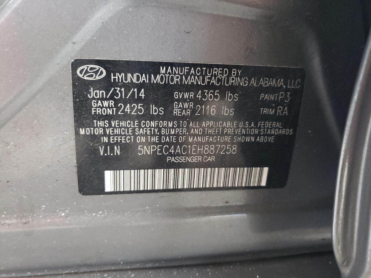 Photo 10 from auction – 2014 HYUNDAI SONATA SE with VIN 5NPEC4AC1EH887258