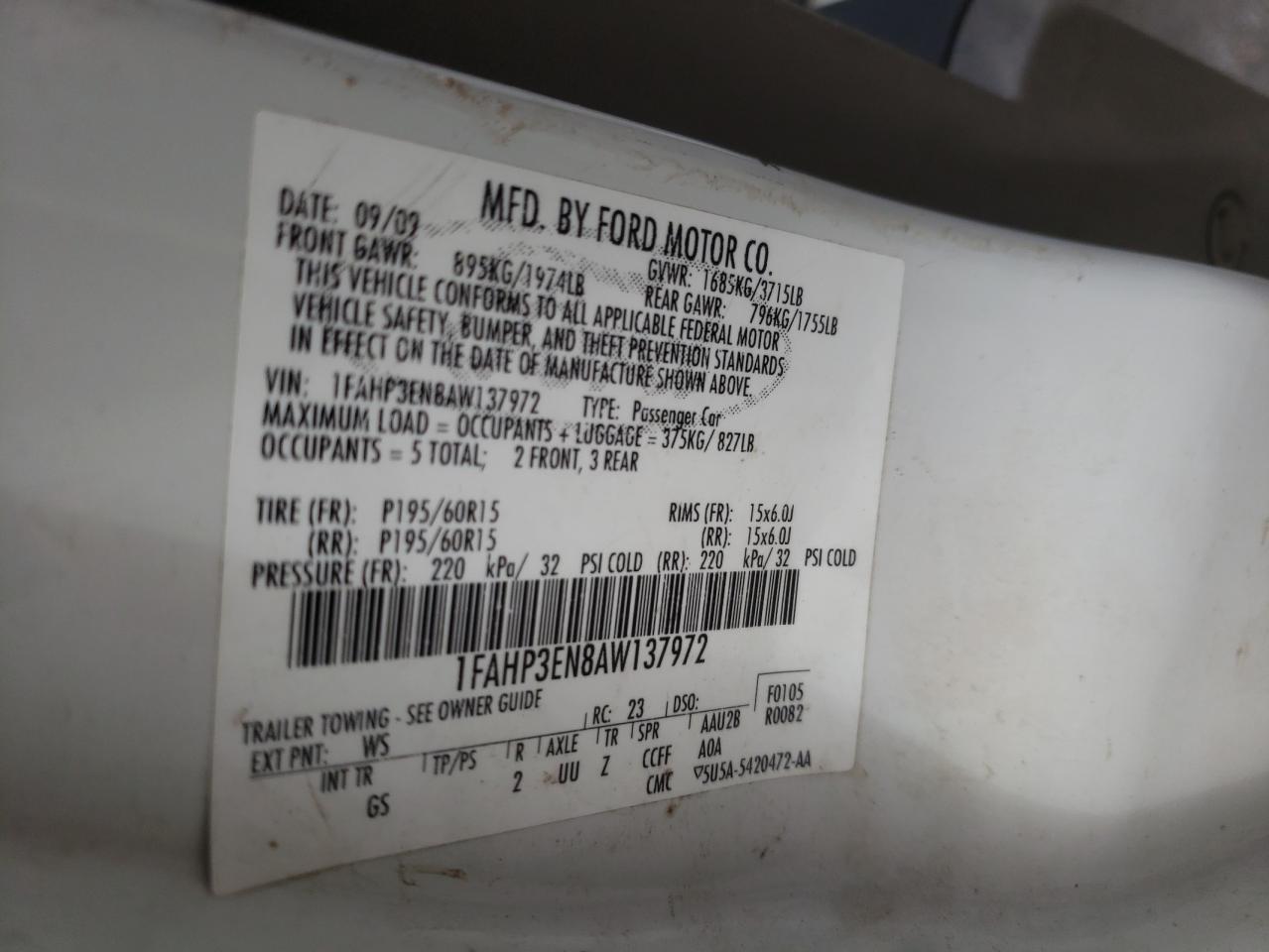 Photo 10 from auction – 2010 FORD FOCUS S with VIN 1FAHP3EN8AW137972