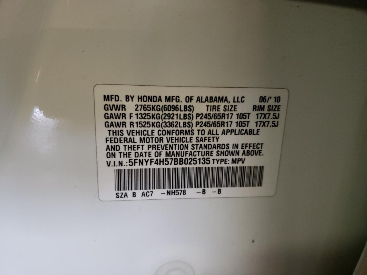 Photo 10 from auction – 2011 HONDA PILOT EXL with VIN 5FNYF4H57BB025135