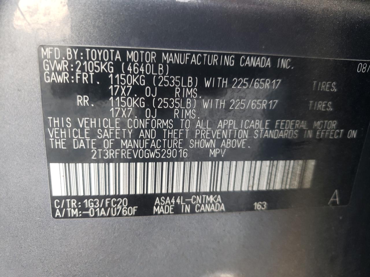 Photo 10 from auction – 2016 TOYOTA RAV4 XLE with VIN 2T3RFREV0GW529016