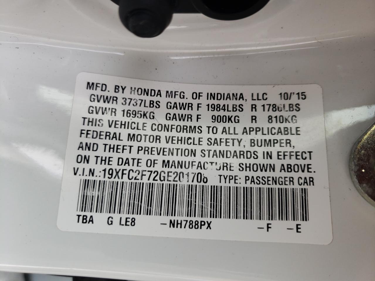 Photo 10 from auction – 2016 HONDA CIVIC EX with VIN 19XFC2F72GE201708