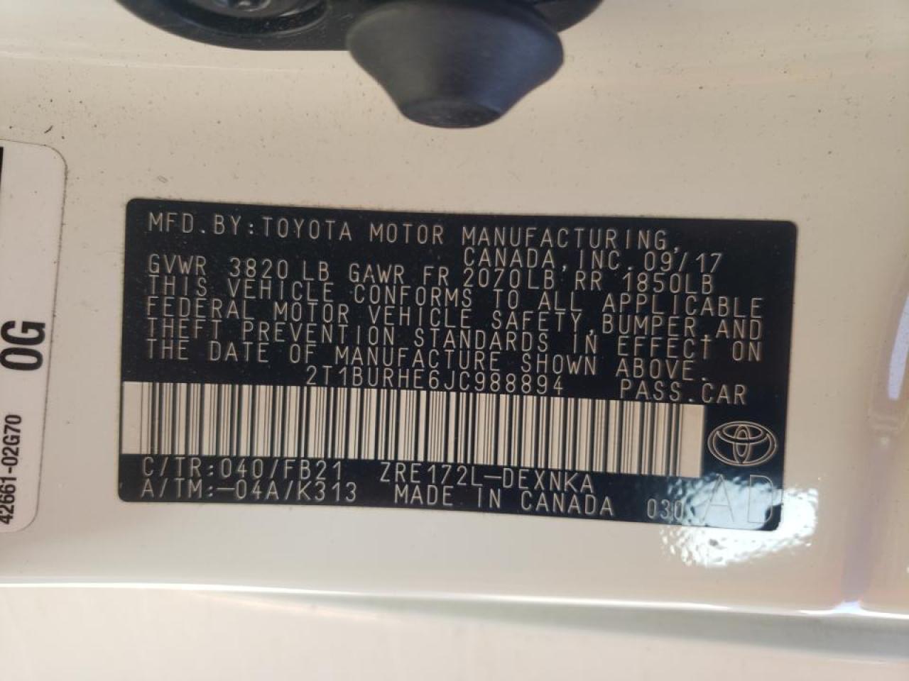 Photo 10 from auction – 2018 TOYOTA COROLLA L with VIN 2T1BURHE6JC988894